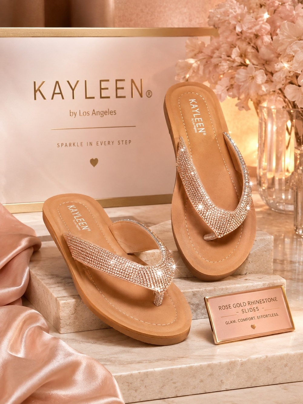 Kayleen by Los Angeles Rose Gold Rhinestone Slides